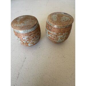 Saki Lided  Cups Ceramic Lidded Jars With Speckled Glaze  Signed Rustic